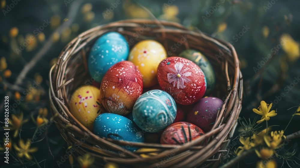 Easter Celebration with Colorful Eggs in Wicker Basket Easter Celebration with Colorful Eggs in Wicker Basket