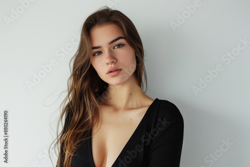 Pretty female in black outfit on white background
