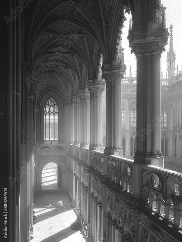 Capture the haunting beauty of gothic architecture through a black and white photograph, emphasizing intricate details and ominous shadows photo