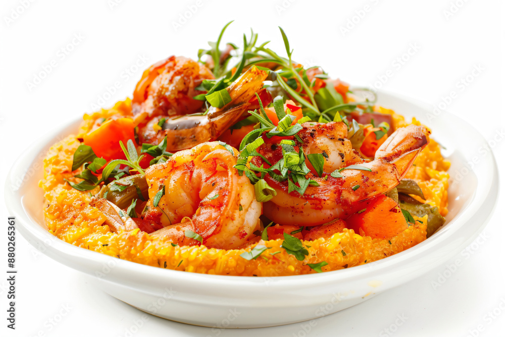 a bowl of shrimp and grits with a garnish a bowl of shrimp and grits with a garnish