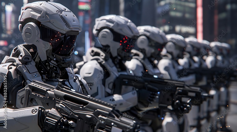 Team of robot soldiers carrying machine guns marching, high-tech modern cyber. Team of robot soldiers carrying machine guns marching, high-tech modern cyber.