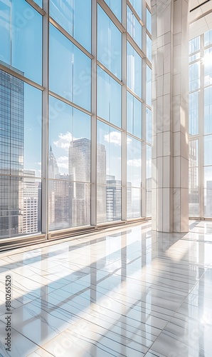 Modern office building with large windows and a view of the city. © Rusti_video & image