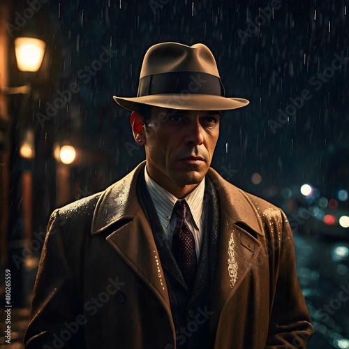 A fedora hat and a trench coat, standing in the rain at night