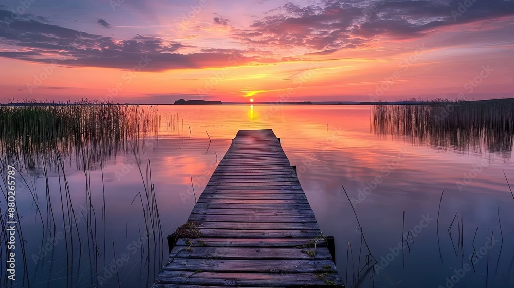 Fototapeta premium Photorealistic Summer Sunset at the Lake | Billboard mockup | Landscape mockup