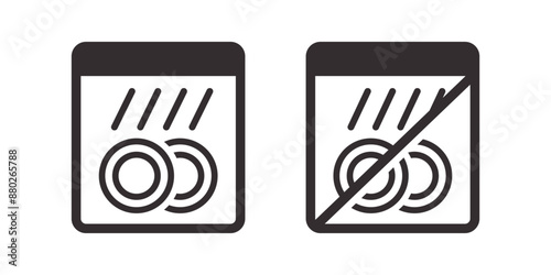 Icons indicating items that can and cannot be washed in a dishwasher, useful for labeling dishes. Vector illustration.