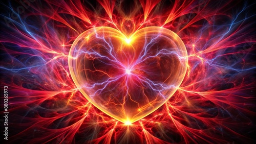 Vibrant crimson plasma heart shape radiates electric intensity against inky blackness, evoking passion, energy, and futuristic mystique in mesmerizing high-tech design.