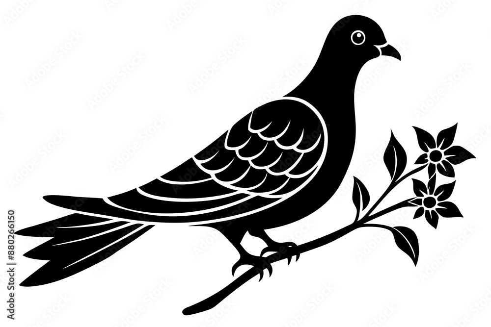 Obraz premium Dove leaning on a branch in tree with a flower in its beak vector art illustration