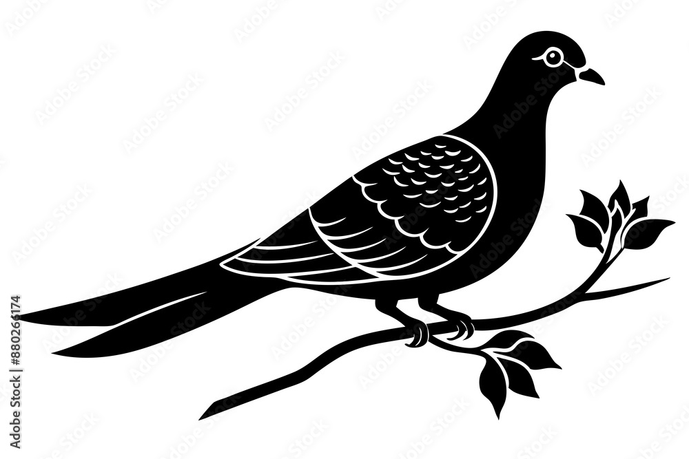 Fototapeta premium Dove leaning on a branch in tree with a flower in its beak vector art illustration