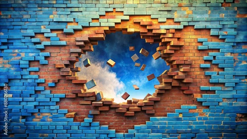 Colorful whimsical illustration of a bright blue wall with a large gaping hole surrounded by cracked bricks chaos.