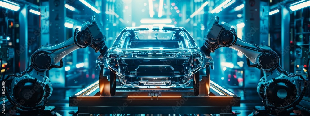 Fototapeta premium Robotic arms assembling car in futuristic automotive factory with advanced technology