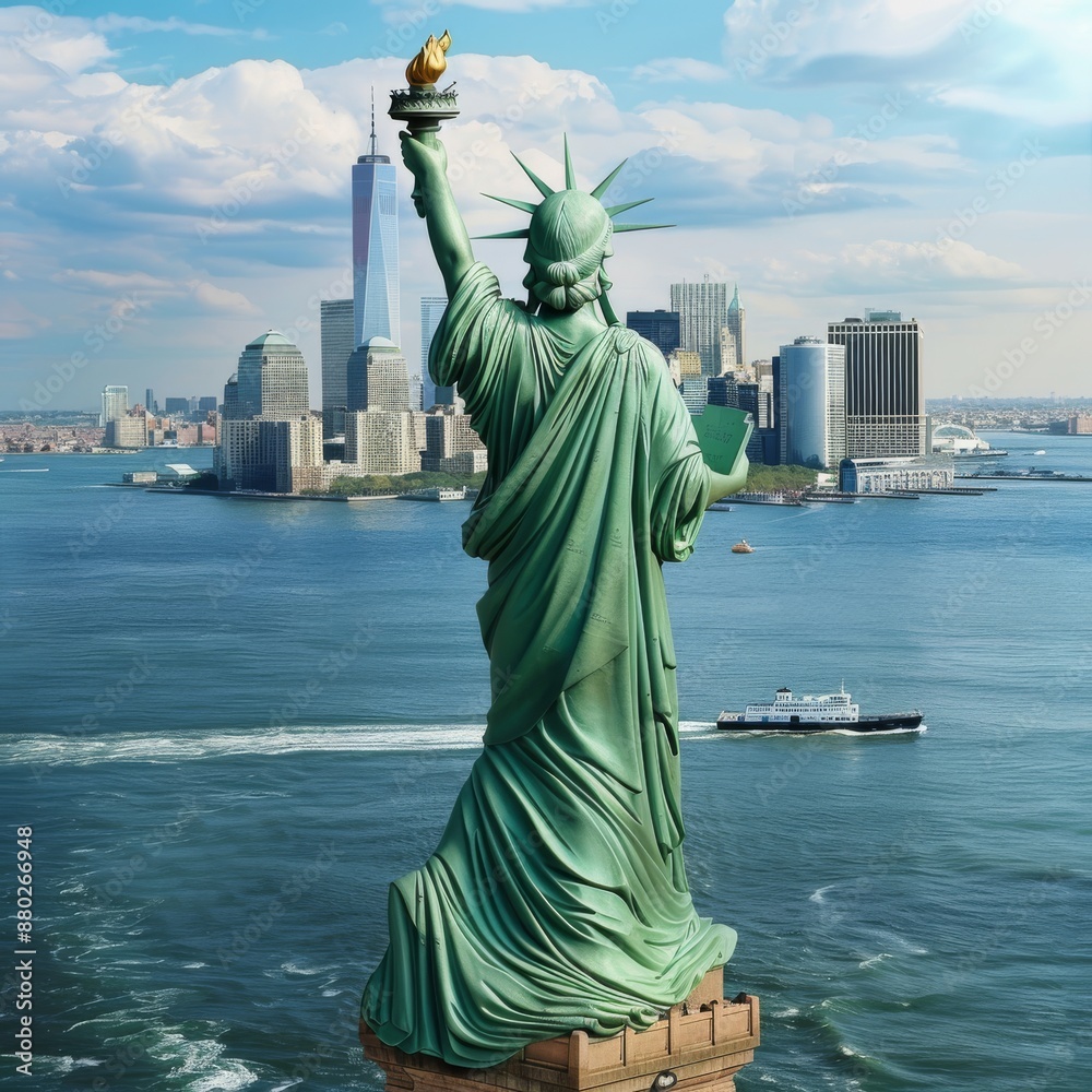 Obraz premium An iconic rear view of the Statue of Liberty, with its torch uplifted, overlooking the skyscrapers and waterways of New York City, symbolizing freedom and opportunity.