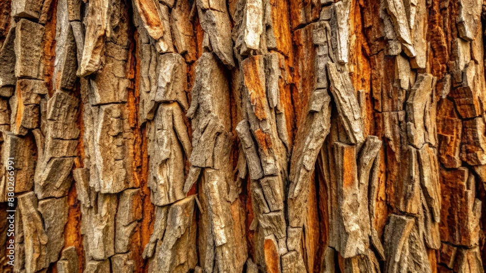 Rough, weathered tree bark with ridges, grooves, and fissures, showcasing nature's artistry in earthy tones of brown and gray.