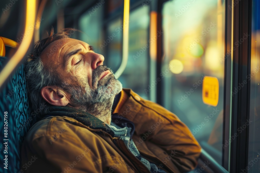 Tired man leaning on a window and sleeping while commuting by bus Tired man leaning on a window and sleeping while commuting by bus