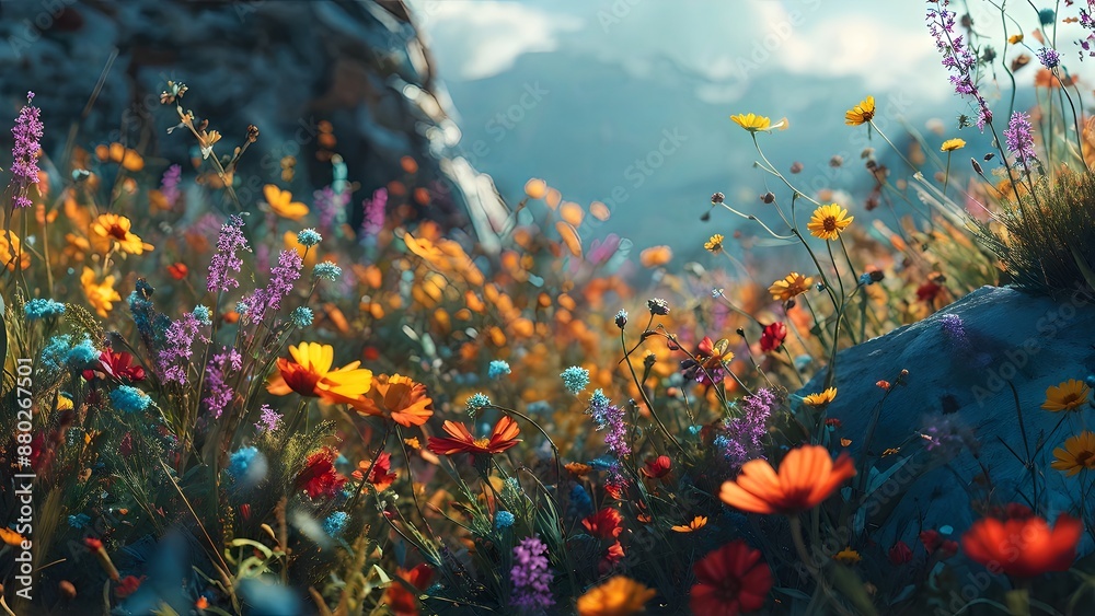 Vibrant wildflowers in full bloom against a majestic mountain background. Generative AI