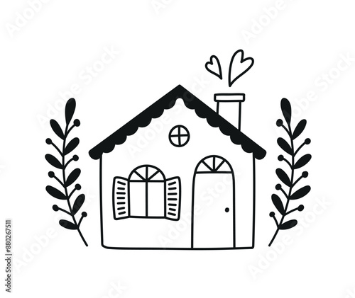 Beautiful little house with flowers isolated. Sweet Home. Hand-drawn vector illustration in doodle style. Perfect for decorations, cards, logo, various designs..eps