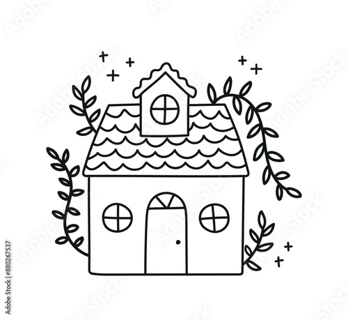 Beautiful little house with flowers isolated. Sweet Home. Hand-drawn vector illustration in doodle style. Perfect for decorations, cards, logo, various designs.eps