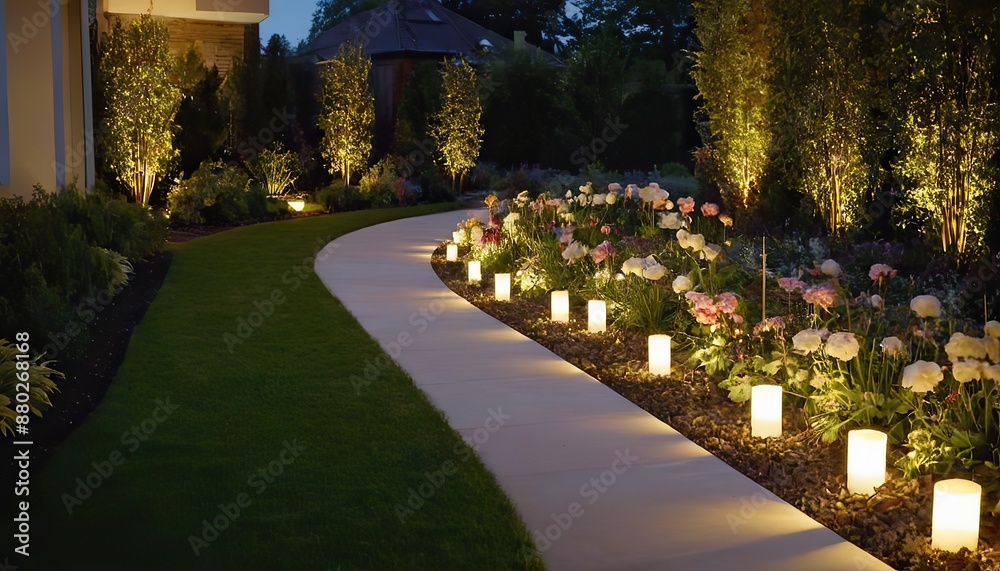 Fototapeta premium Aesthetics of your residential rockery garden with LED outdoor light posts, creating a captivating outdoor oasis. LED light posts, adding elegance and charm to your residential rockery garden.