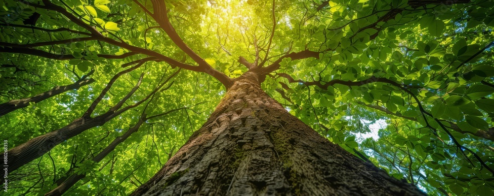 Fototapeta premium Looking up at a tall tree with green leaves and sunlight shining through