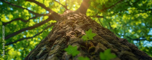 Looking up at the bark of a large tree with leaves in the sunlight