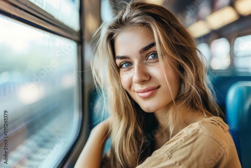 Young happy female passenger enjoying on her journey by train and looking at camera Free Download Young happy female passenger enjoying on her journey by train and looking at camera - GFXLoad