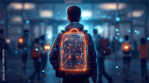 A futuristic of a student wearing a high-tech backpack glowing with digital connections in a modern school setting.
