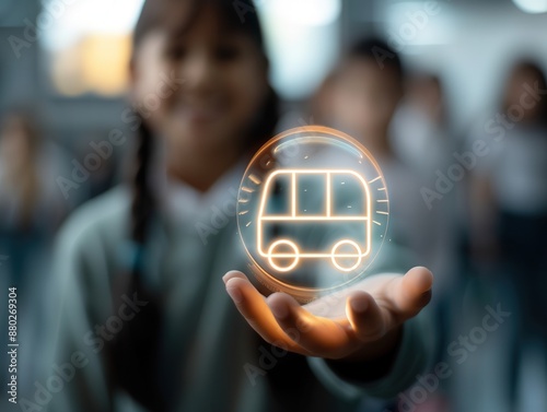 A child holding a futuristic hologram of a safety school bus, symbolizing of infrastructure modern technology and innovation in transportation.