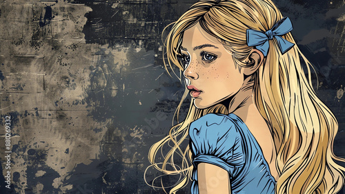Close-up Illustration of Alice in Wonderland With a Textured Wall Backdrop