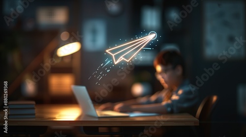 A child using a laptop in a cosy, dimly lit room with a digital hologram paper airplane icon soaring floating above, symbolizing creativity education and technology.