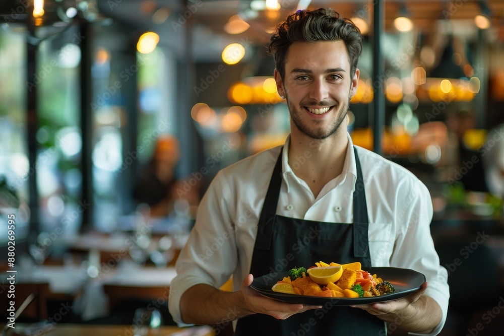 Young happy waiter serving food in a restaurant Young happy waiter serving food in a restaurant