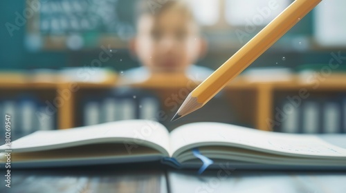 A close up of a pencil floating above an open book on a desk with a blurred student in the classroom background, depicting focus on excitement education and learning of new school.