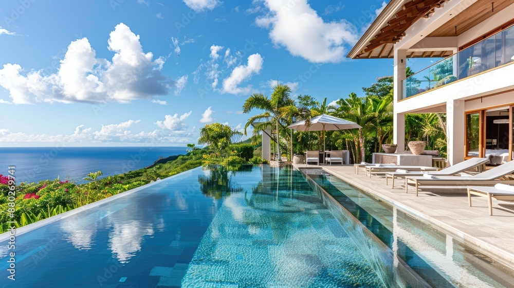 Fototapeta premium Photorealistic Summer Tropical Beachfront Villa | Billboard mockup | Landscape mockup