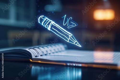 A futuristic digital hologram glowing pencil luminous floating over an open notebook, symbolizing digital creativity and innovation in writing and idea designs.