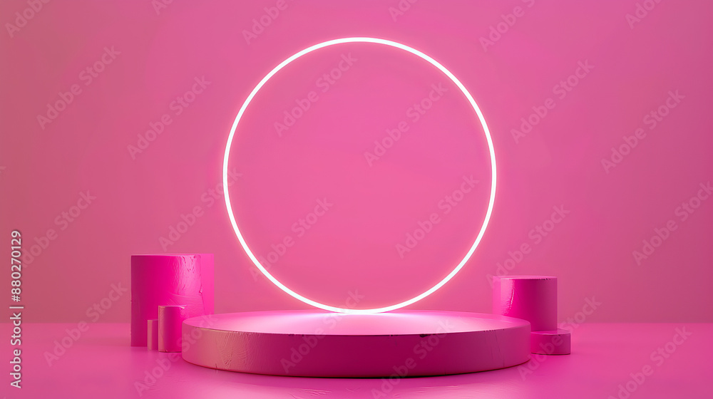Fototapeta premium a 3D rendering of a neon podium designed for cosmetics aimed at teenagers, set against a pink background.