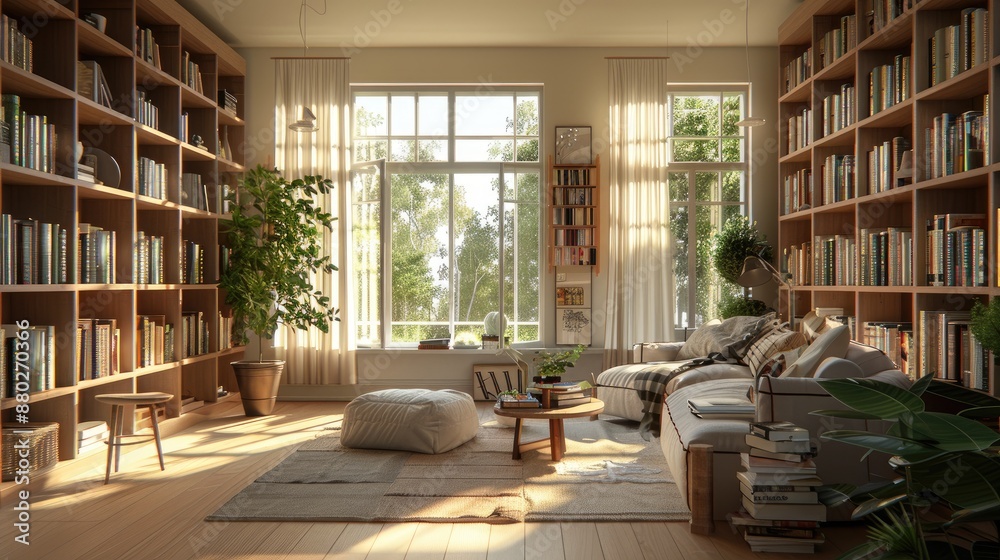 A home library with a contemporary Scandinavian style, featuring clean lines, light wood, and neutral colors. A home library with a contemporary Scandinavian style, featuring clean lines, light wood, and neutral colors.