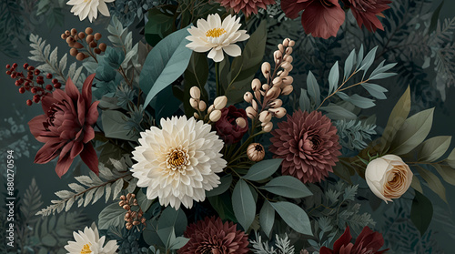 Winter floral bouquet using a unique arrangement of flowers and foliage to create a natural look with winter hues and tones. Studio setting clean backdrop. Generative AI See Less, generative.ai
