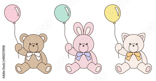 リボンをつけたかわいいくまとうさぎとねこのぬいぐるみのベクターイラストセット。アイコン、風船