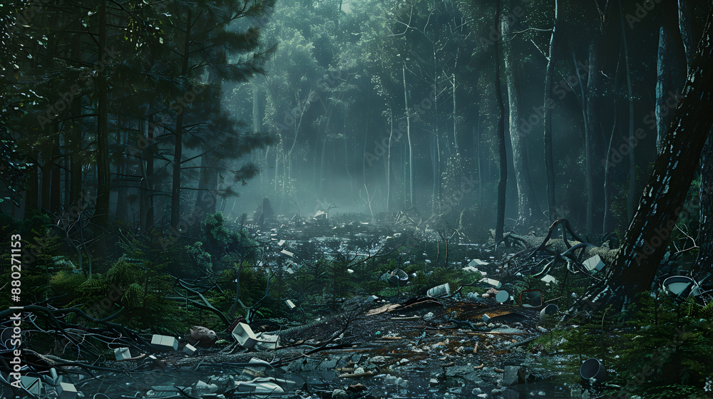 A polluted forest with litter scattered among the trees A polluted forest with litter scattered among the trees