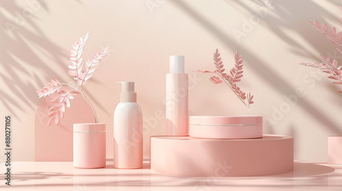 Here's a 3D rendering of a realistic product promotion podium and cosmetics mockup template.