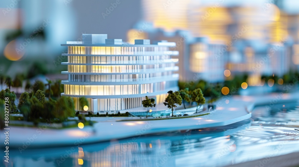 Generate a photo realistic image of a maquette representing a hospitality sector development, including hotels, resorts, and leisure amenities; ensure the image is of high resolution Generate a photo realistic image of a maquette representing a hospitality sector development, including hotels, resorts, and leisure amenities; ensure the image is of high resolution