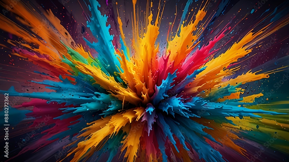 Obraz premium Vibrant explosion of colors radiating from a central point against a dark background, creating an effect similar to a cosmic burst or fireworks