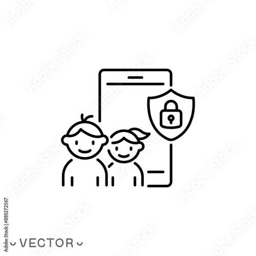 children control in social, kid safety icon, cyber disorder protection, internet addiction problem, phone access for child, thin line symbol isolated on white background, editable stroke eps 10 vector