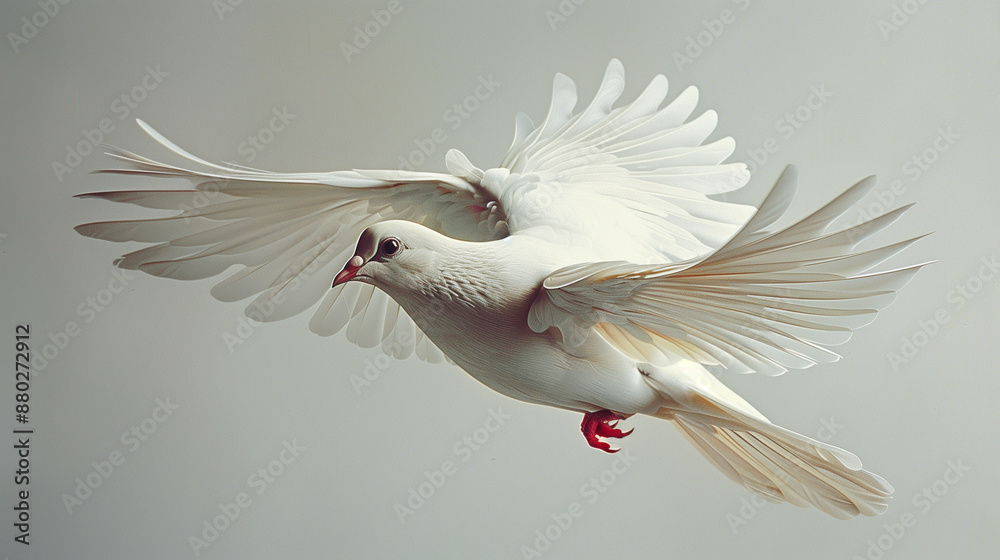 Fototapeta premium A White Dove with Spread Wings Flying from an Outstretched Hand, Captured in a Light Gray Background