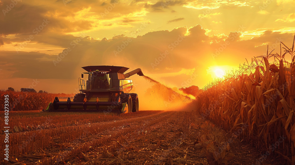 Fototapeta premium Combine Harvester Harvesting Corn at Sunset