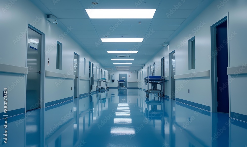 Modern hospital corridor with blue flooring and empty gurneys Modern hospital corridor with blue flooring and empty gurneys