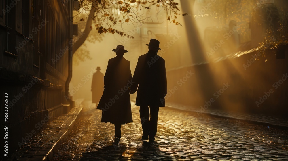 Silhouettes of a Couple Walking Through a Misty Street Silhouettes of a Couple Walking Through a Misty Street