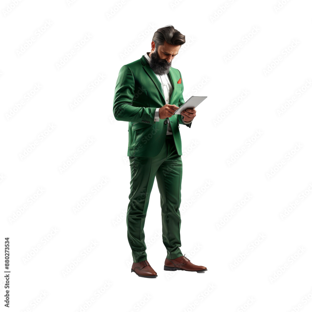thoughtful businessman in a green suit with a tablet in his hands isolated on transparent background thoughtful businessman in a green suit with a tablet in his hands isolated on transparent background