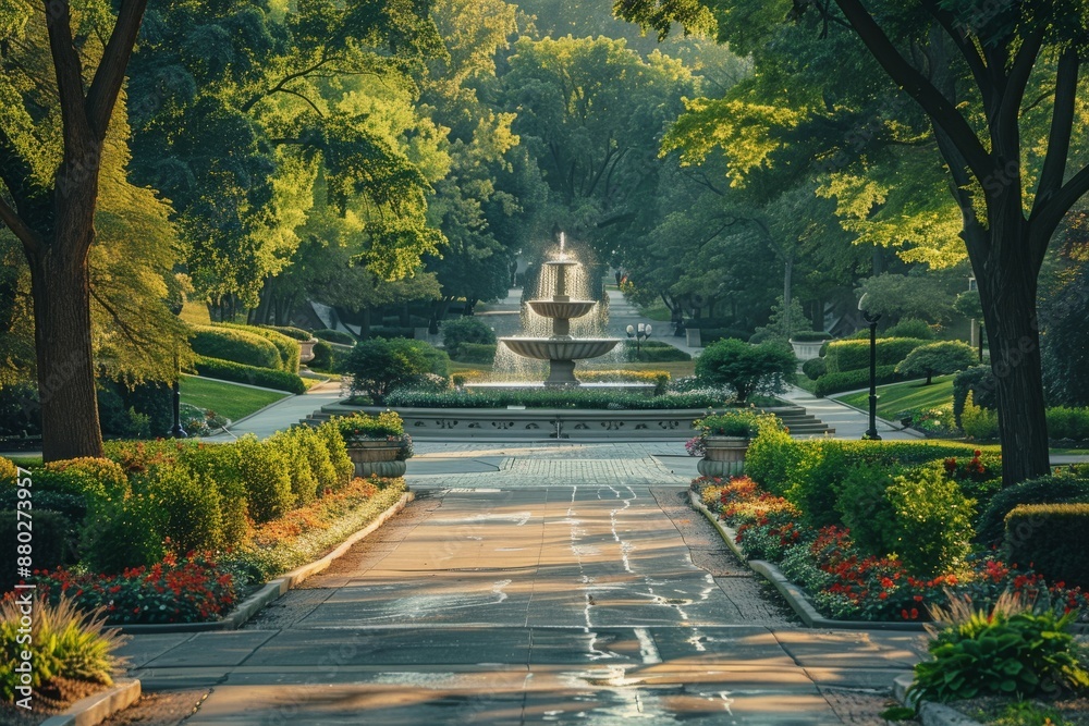 Obraz premium A Pathway Through a Serene Garden With a Fountain at the Center
