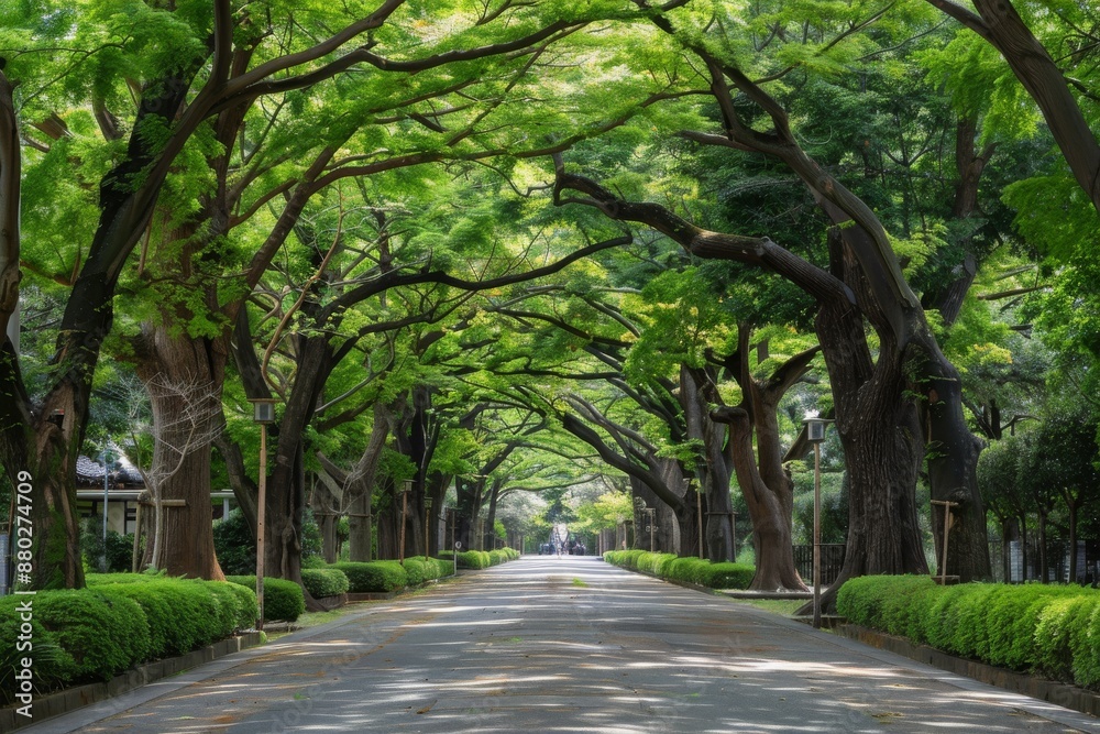 A Tranquil Pathway Lined with Lush Green Trees A Tranquil Pathway Lined with Lush Green Trees