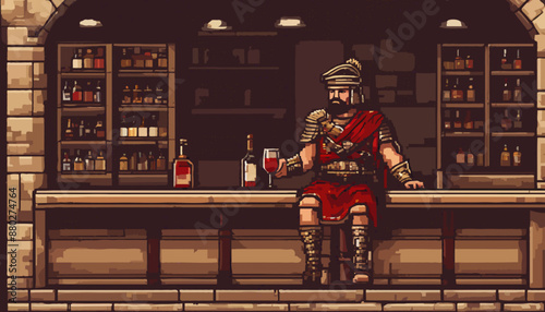 Ein römischer Soldat sitzt in einem Gasthaus und genießt Rotwein. Pixel - Grafik