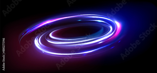 Energy orb with blue and pink neon glow effect. Realistic 3d vector illustration of swirl flare circle on black background. Magic luminous vortex oval portal. Radial spin ellipse or shine power ring.
